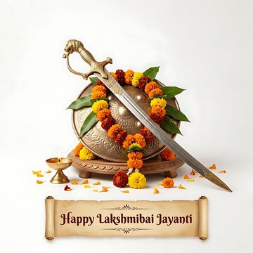 Traditional Indian sword and shield for Rani Lakshmibai Jayanti. Historical warrior tribute.