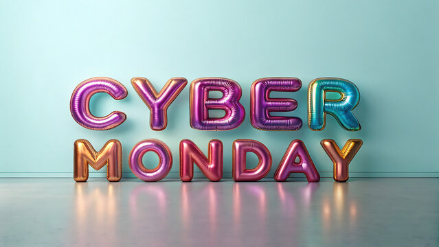 Cyber Monday Sale Banner with Colorful Metallic Foil Balloon Letters 3D Render