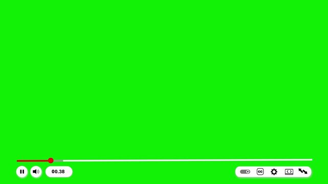 Green screen video player background playback controls, progress bar, timer, and empty chroma area. editing tutorials, app demos, web mockups, compositing projects, media promos, motion overlays.