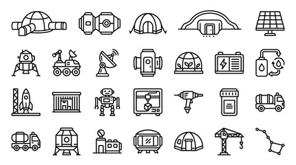 Space exploration and moon base colony line icons set. © muhammad