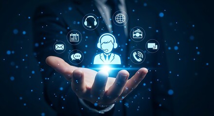 Hand holding holographic icons of customer service, support and communication in a digital world © Albert