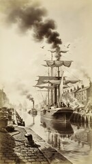 Fototapeta premium Vintage Harbor Scene with Sailing Ship, Waterfront Buildings, and Smoke