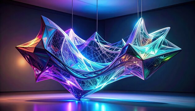 Abstract colorful geometric sculpture with glowing wireframe lines.
