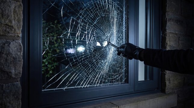 Home security and burglary concept, a gloved hand using a tool to break a glass window at night, illustrating a break-in attempt.