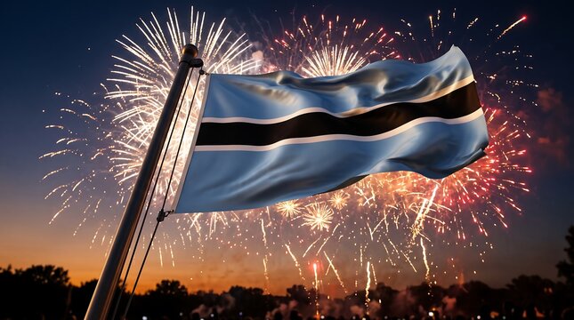 National flag of Botswana waving on pole with night fireworks display in dark sky background