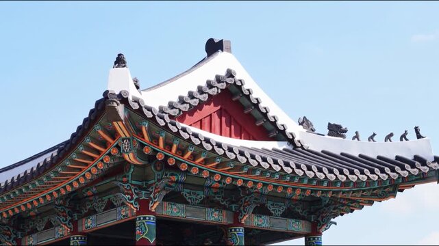 Traditional Korean Hanok roof with colorful dancheong