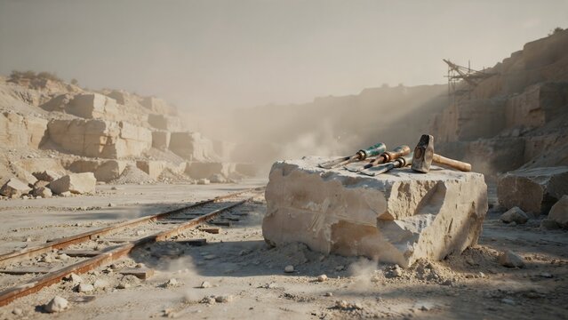 Abandoned limestone quarry with railway tracks and tools in dusty outdoor setting