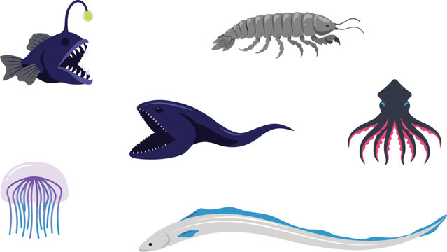 Vector deep sea creature icon set featuring bioluminescent anglerfish gulper eel giant isopod jellyfish squid and ribbonfish