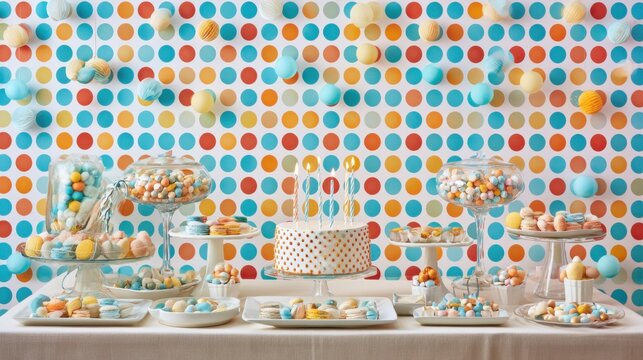 Birthday Party Table Laden With Colorful Sweets and Cake
