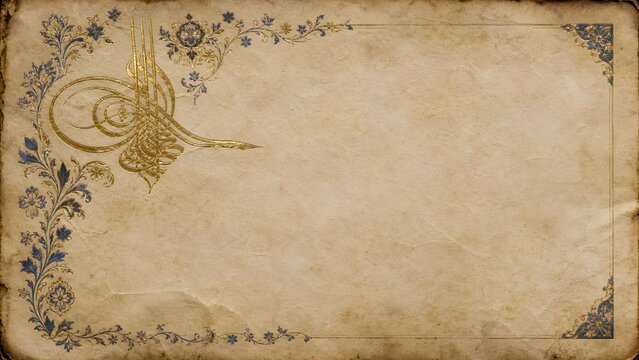 Imperial Ottoman Tughra Calligraphy Parchment Gold Leaf Floral Border Banner