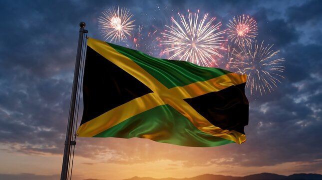 National flag of Jamaica waving on pole with festive fireworks display in dark evening sky