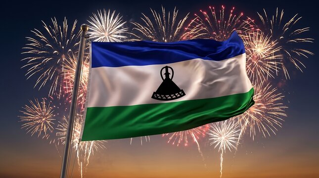 National flag of Lesotho waving on a flagpole against night sky backdrop with celebratory fireworks