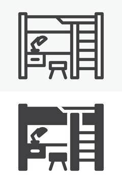 Bunk bed and desktop workspace icon set in line, outline and solid style. Loft bed furniture icon with desk and lamp, editable stroke vector symbol.