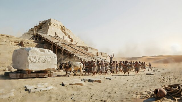 Ancient Egyptian Pyramid and Tomb Site with Workers in Desert Sunlight