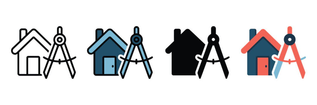 Architectural house design icons set, construction planning compass and home symbols, building engineering and drafting tools vector collection