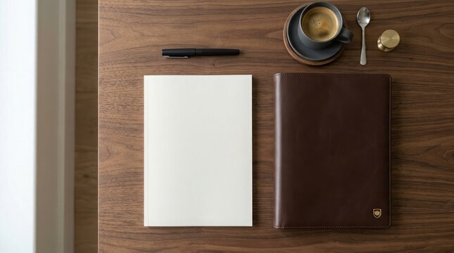 Minimalist workspace flatlay featuring leather journal and blank notepad on natural walnut wood desk