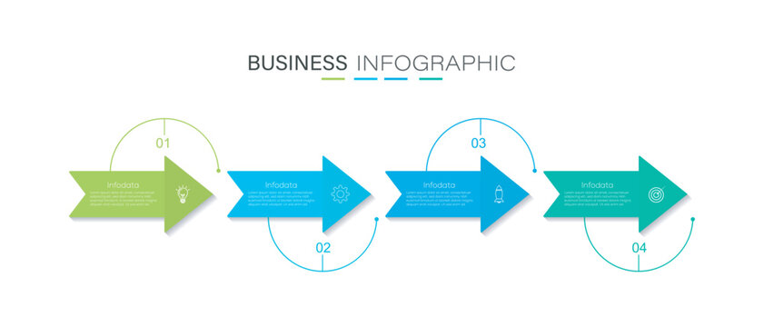 Arrow process infographic with four steps and icons. Horizontal business timeline template for presentation slide. Presentation, Timeline, Workflow, Marketing and Strategy. Vector illustration.