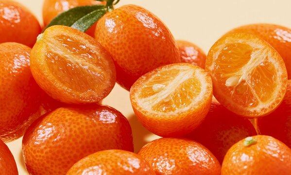 macro fruit portrait of ripe kumquat citrus, oversized tiny orange citrus filling most of the frame
