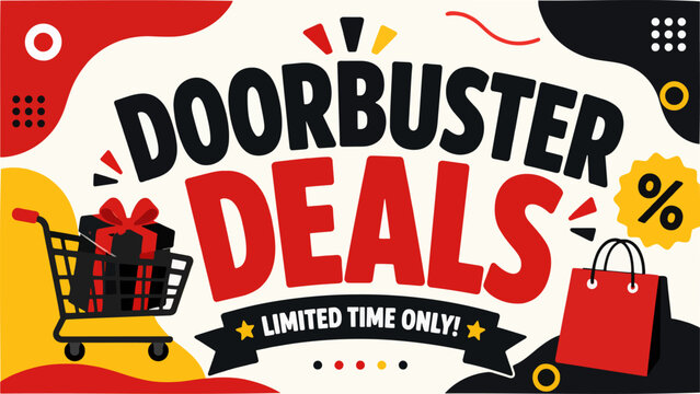 Colorful promotional banner advertising limited-time doorbuster deals with shopping cart and gift icons.