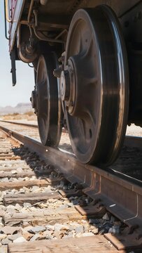 Close-up of a train wheel on railway track in outdoor rail yard