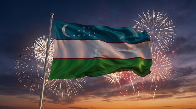 Uzbekistan national flag waving on flagpole with evening fireworks display against twilight sky background