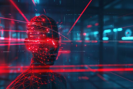 Digital landscape featuring AI hologram combating cyber threats in real-time