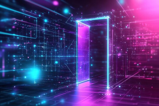 Glowing neon doorway leading to a futuristic digital realm filled with holograms