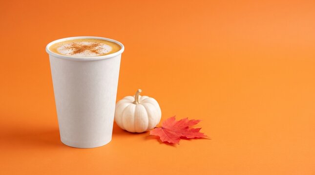Coffee cup with pumpkin latte beside small white pumpkin and red maple leaf on orange background