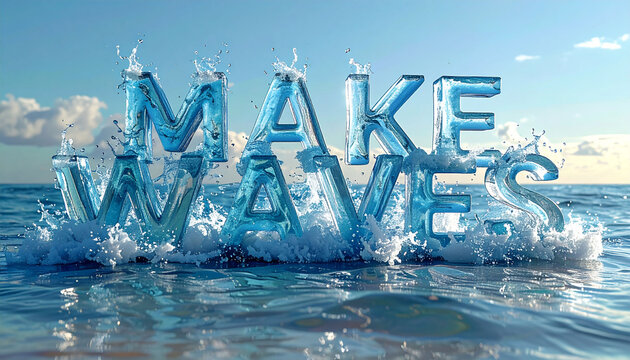 Motivational 3D text reading Make Waves crafted from splashing crystal clear ocean water under a sunny sky
