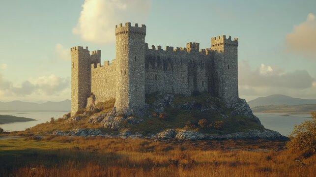 Ancient stone castle atop a grassy isle, facing a calm body of water