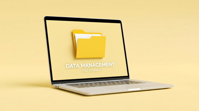 Data, minimal  Management. File folder on laptop screen, yellow background Generative AI
