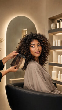 Woman with voluminous curly hair sits in a modern salon while a stylist compares natural-toned hair extension color samples.