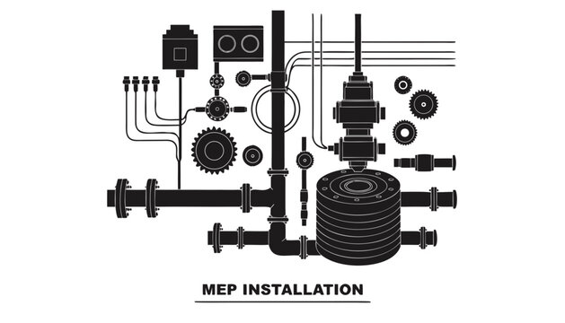 Very beautiful black and white realistic vector illustration of MEP INSTALLATION featuring a bold engineering label reading "MEP INSTALLATION", detailed mechanical, electrical, and plumbing layouts 