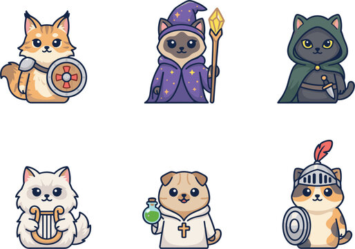 Cute RPG cat cartoon characters vector set featuring fantasy game classes like wizard knight rogue cleric and bard isolated on white background (20 words)