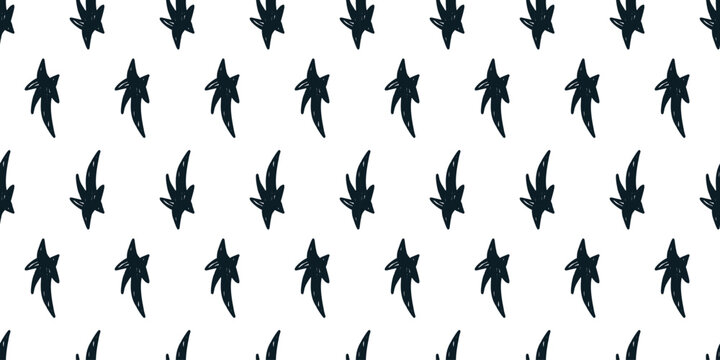 Handmade star seamless pattern in charcoal simple ink pen print on white background. Tiny hand drawn star and bird mark for kid nursery wrapping. Minimal vector backdrop as seamless brush motif