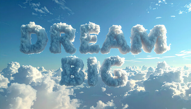 Dream big motivation typography made of fluffy clouds against a bright blue sky with white clouds