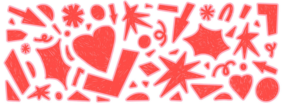 Geometric cutout shapes in red with pink outline and hand drawn crayon hatching detail. Cutout doodle elements for valentine card or kids poster and album. Geometric vector heart, arrow, sparkles