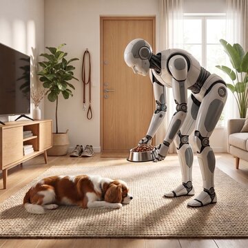 A domestic android wants to feed the dog, but the puppy is waiting for its owner.