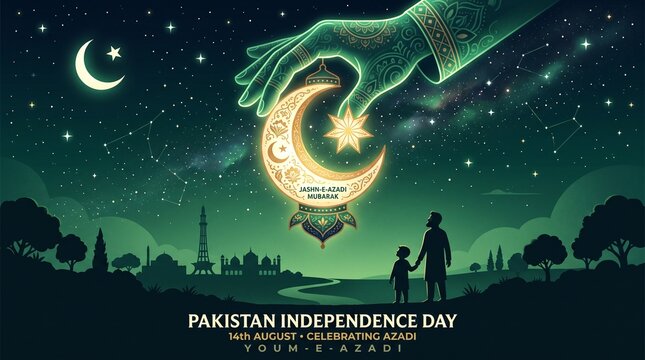 Illuminated hand holding crescent lantern over cityscape on national holiday night sky with silhouetted figures with cradling intricately designed