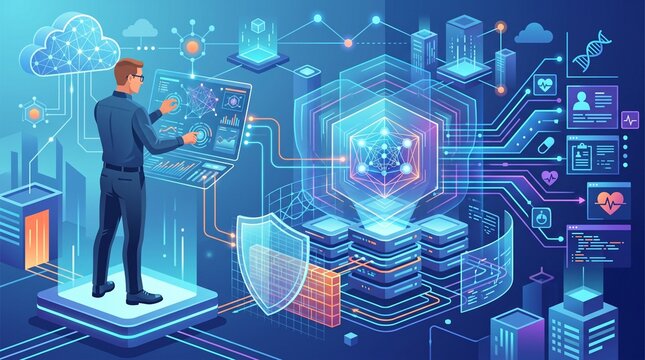 Professional analyzing advanced data integration with secure cloud with depicts futuristic professional interacting holographic interface with digital transformation