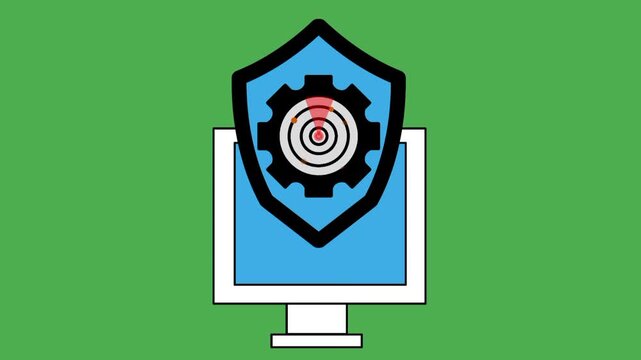 Endpoint detection and response security concept featuring computer screen displaying shield icon, detector icon, and gear icon. Visual representation of threat monitoring and system protection.