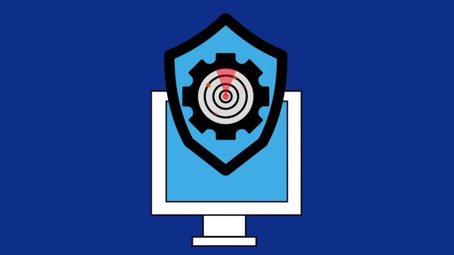 Endpoint detection and response security concept featuring computer screen displaying shield icon, detector icon, and gear icon. Visual representation of threat monitoring and system protection.