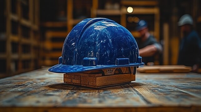 Blue hardhat on wooden table in workshop