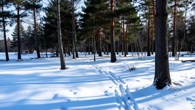 Winter Forest Path: A serene snow-covered forest path winds through tall pine trees, casting long shadows under a bright winter sun, inviting a tranquil journey into nature's quiet beauty.
