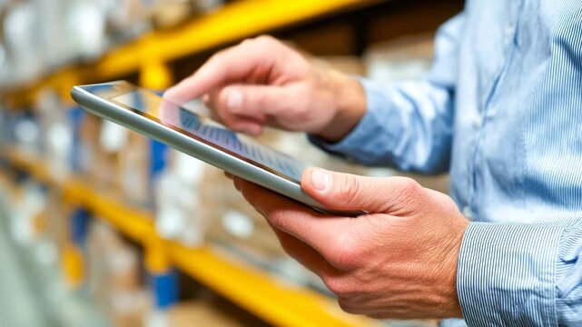 Hands tapping on a tablet in a storage area during daylight Generative AI