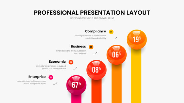Clean Insight 4 Step Infographic Slideshow Layout. Visual Solution Frame Template Vector Illustration. Sales Introduction Four Element Chart Presentation Design.