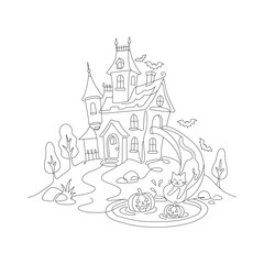 Fototapeta premium Halloween haunted house with cats playing on slide continuous line art vector