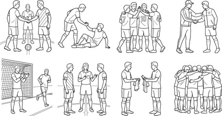 Fototapeta premium Soccer Team Sportsmanship Line Art Vector Set with Fair Play and Teamwork Moments