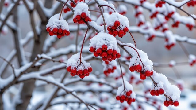 Winter Berries in Snow: Clusters of vibrant red berries are delicately dusted with fresh snow, hanging from a bare branch. A testament to nature's beauty during the cold season.