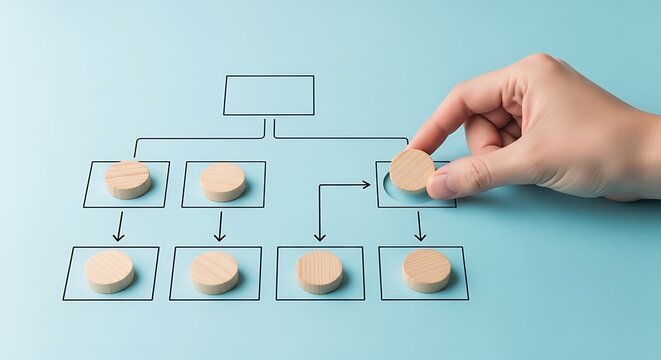 Hand placing wooden block to complete organizational chart on light blue surface